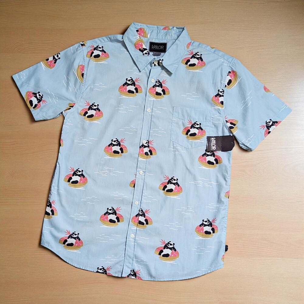 New Fun VALOR Men's Quirky Panda Bear Floating Water Button Up Shirt Top L